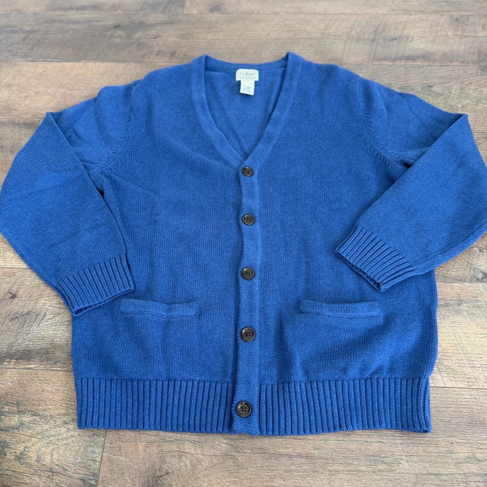 LL Bean Vintage Mens Blue Cotton V-Neck Button Front Cardigan Sweater Large